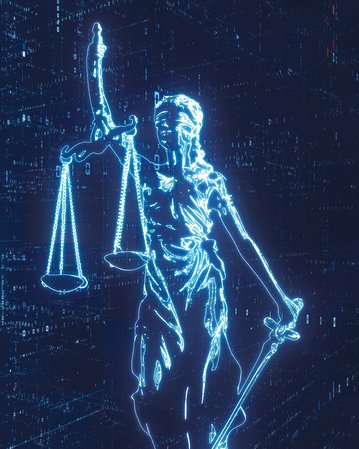Eine digitale Darstellung der Justitia, die eine Waage hält, vor einem Hintergrund aus Datenströmen und digitalen Elementen.