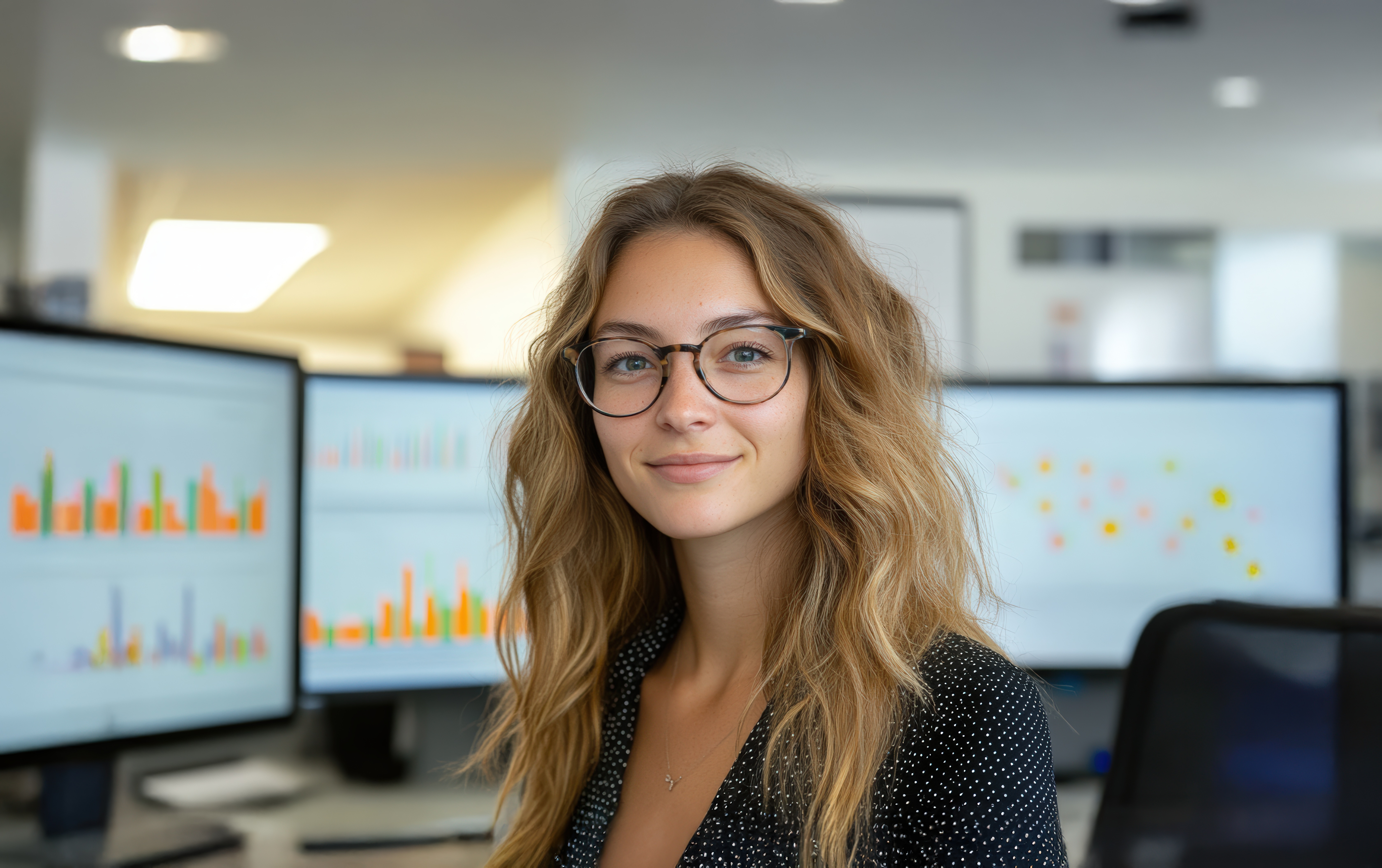 Young woman with glasses smiles in front of several monitors displaying charts and graphs.