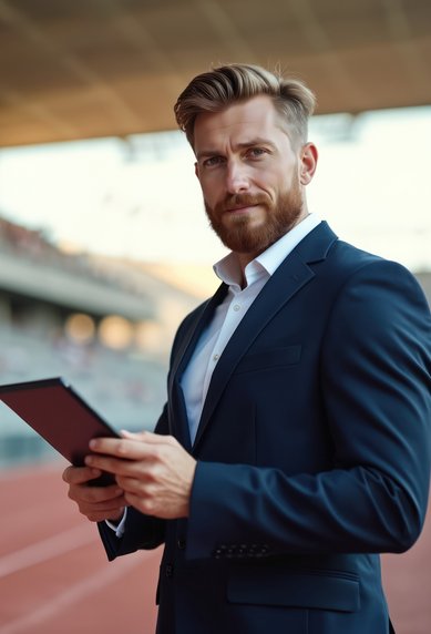 Mann in Anzug hält ein Tablet auf einem Sportplatz mit leeren Tribünen im Hintergrund.