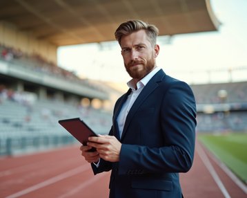 Mann in Anzug hält ein Tablet auf einem Sportplatz mit leeren Tribünen im Hintergrund.