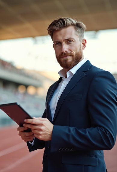 Mann in Anzug hält ein Tablet auf einem Sportplatz mit leeren Tribünen im Hintergrund.