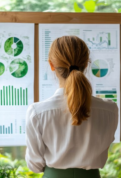 A person with a ponytail is looking at charts and graphs on a wall, surrounded by plants.