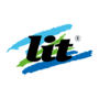 Logo mit dem Wort "lit" in schwarzer Schrift, umgeben von bunten, geschwungenen Linien in Blau und Grün.