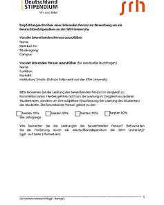Empfehlungsschreiben für ein Deutschlandstipendium an der SRH University, mit Platz für persönliche Angaben und Leistungsbewertung.