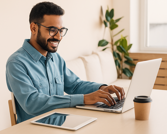 A smiling man is sitting at a table, working on a laptop with a cup of coffee and a tablet in front of him. In the background, there are plants and a bright room visible.