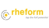 Logo von rheform mit dem Slogan „tap the full potential“ in gelber und grauer Schrift.