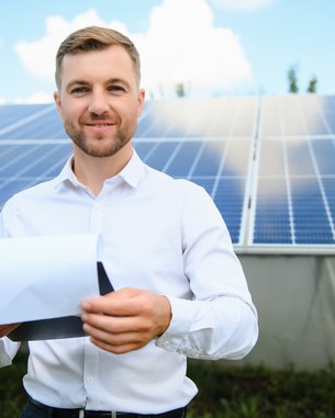 Mann in Hemd hält ein Dokument vor Solarpanelen und lächelt. Die Umgebung zeigt eine sonnige Landschaft mit blauen Himmel.