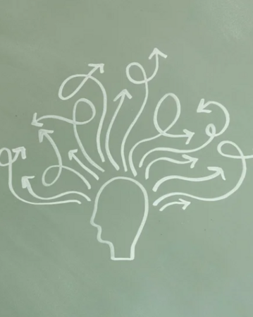 Ein Kopf mit vielen Pfeilen, die in verschiedene Richtungen zeigen, symbolisiert Gedanken oder Ideen.
