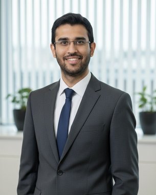 Ein Mann in einem Anzug mit Krawatte steht lächelnd vor einem Fenster mit vertikalen Jalousien und Pflanzen im Hintergrund.