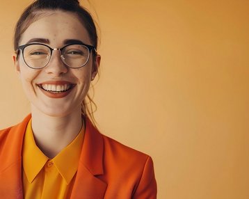 Eine lächelnde Frau mit Brille trägt einen orangefarbenen Blazer und ein gelbes Hemd vor einem orangefarbenen Hintergrund.