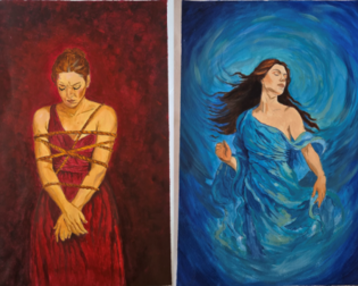 Five women in different colors and dresses, each striking different poses and expressing various emotions.