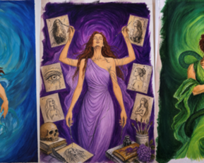 Five women in different colors and dresses, each striking different poses and expressing various emotions.