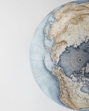 A detailed, artistic depiction of a globe showing the Arctic and surrounding landmasses. The colors are soft and earthy, with a clear compass rose in the center.