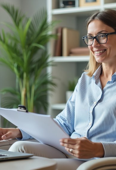 Frau mit Brille sitzt in einem modernen Büro, lächelt und hält ein Dokument in der Hand, während sie auf einen Laptop schaut.