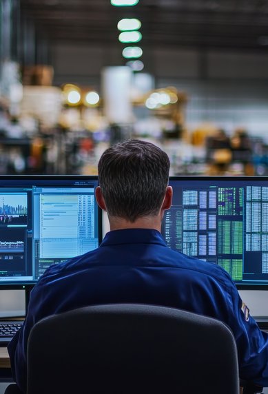 Ein Mitarbeiter sitzt vor zwei Monitoren in einem Lagerhaus, während Gabelstapler im Hintergrund arbeiten.