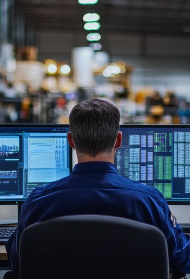 A staff member sits in front of two monitors in a warehouse while forklifts operate in the background.