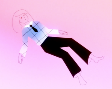 Eine stilisierte Figur mit blonder Haarfarbe trägt ein kariertes Hemd und eine Krawatte, schwebend vor einem rosa Hintergrund.