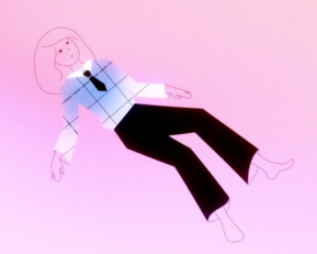 A stylized figure with blonde hair is wearing a checkered shirt and a tie, floating against a pink background.