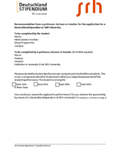 Recommendation form for the Germany Scholarship at SRH University, filled out by a professor or teacher to evaluate a student.