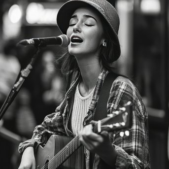 Eine Sängerin mit Hut spielt Gitarre und singt, während ein Mann im Hintergrund ebenfalls Gitarre spielt. Die Szene ist in Schwarz-Weiß gehalten und vermittelt eine lebendige Straßenmusikatmosphäre.