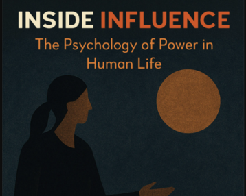Buchcover mit dem Titel "Inside Influence: The Psychology of Power in Human Life", zeigt eine Person, die auf eine Gruppe von Silhouetten zeigt.