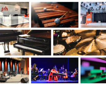 Various music and event spaces equipped with instruments like a piano and drums, along with scenes of rehearsals and lessons.