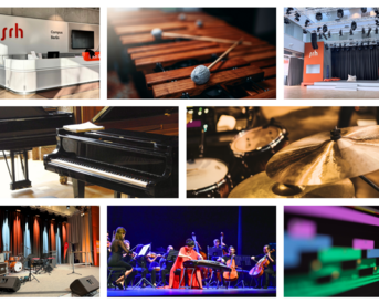 Verschiedene Musik- und Produktionsräume mit Instrumenten wie Klavier, Schlagzeug und vibrierenden Oberflächen, sowie Menschen bei einer Besprechung.