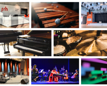 Verschiedene Musik- und Produktionsräume mit Instrumenten wie Klavier, Schlagzeug und vibrierenden Oberflächen, sowie Menschen bei einer Besprechung.