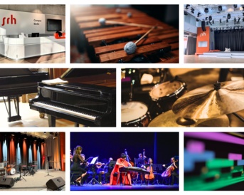 Verschiedene Musik- und Produktionsräume mit Instrumenten wie Klavier, Schlagzeug und vibrierenden Oberflächen, sowie Menschen bei einer Besprechung.