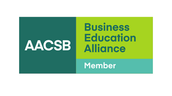 AACSB logo featuring the text "Business Education Alliance" and "Member" in green and blue colors. The design emphasizes the organization's focus on business education and membership affiliation.