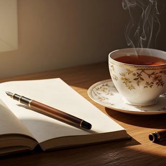 Ein offenes Notizbuch liegt auf einem Holztisch, daneben ein Füller und eine Tasse Tee mit Dampf, vor einem Fenster mit natürlichem Licht.