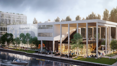 Modern architecture of the Berlin campus featuring a large, open building alongside a waterway, surrounded by trees and seating areas.