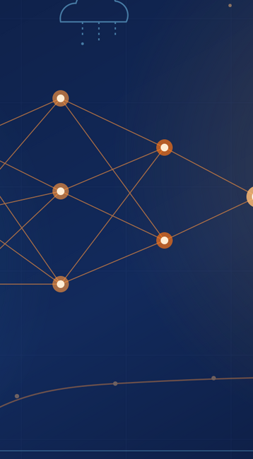 Graphical representation of a neural network with data flow, charts, and symbols for analysis and prediction.
