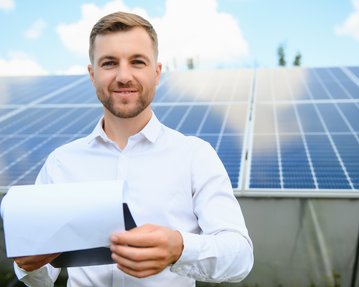 Mann in weißem Hemd hält ein Dokument vor einer Solaranlage. Im Hintergrund sind mehrere Solarpanels sichtbar.