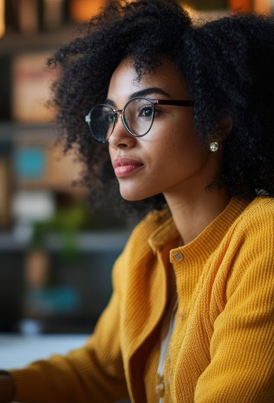 Eine Frau mit lockigem Haar und Brille sitzt an einem Schreibtisch und arbeitet konzentriert an einem Computer. Auf dem Bildschirm sind verschiedene Designs und Grafiken zu sehen.