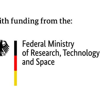Mit Förderung des Bundesministeriums für Bildung und Forschung, Technologie und Raumfahrt. Das Logo zeigt den Bundesadler und die Farben der deutschen Flagge.