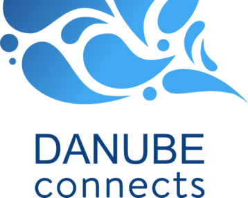 Blaues Logo mit geschwungenen Formen und dem Text "DANUBE connects" darunter.