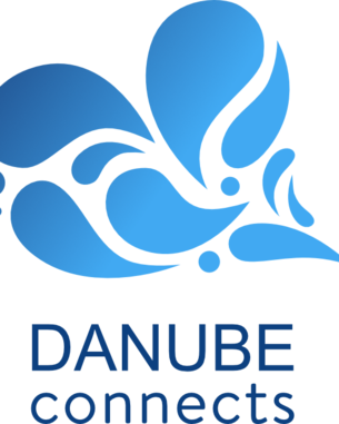 Blaues Logo mit geschwungenen Formen und dem Text "DANUBE connects" darunter.
