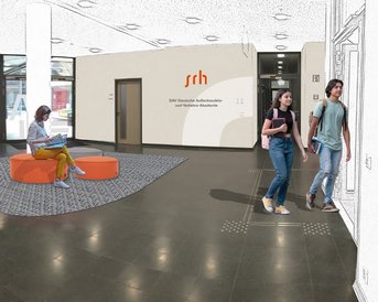 Eine moderne Empfangshalle mit Studenten, die sich unterhalten und entspannen. Eine Person sitzt auf einem orangefarbenen Sitz, während andere den Raum betreten und verlassen. Die Wände sind hell und minimalistisch gestaltet.