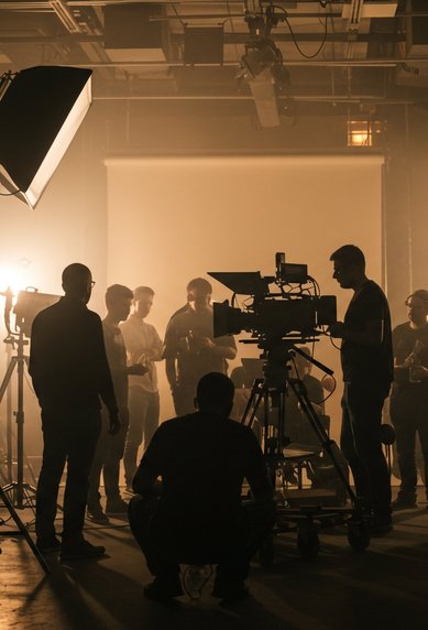 Eine Gruppe von Personen arbeitet in einem Studio, umgeben von Kameras und Beleuchtung, während sie sich auf eine Filmaufnahme vorbereiten.