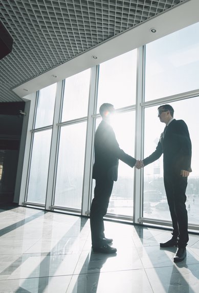Zwei Männer in Anzügen schütteln sich die Hände vor großen Fenstern, durch die Sonnenlicht strömt.