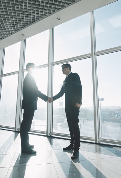 Zwei Männer in Anzügen schütteln sich die Hände vor großen Fenstern, durch die Sonnenlicht strömt.