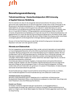 Bewerbungsvereinbarung für das Deutschlandstipendium an der SRH Hochschule Heidelberg, einschließlich Datenschutzinformationen und Teilnahmebedingungen.