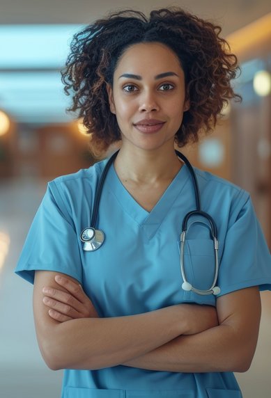 Eine Krankenschwester in blauer Uniform mit einem Stethoskop, die in einem modernen Krankenhausflur steht und direkt in die Kamera schaut.