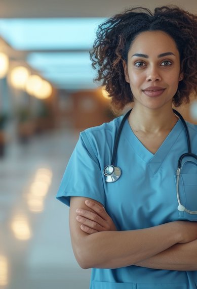 Eine Krankenschwester in blauer Uniform mit einem Stethoskop, die in einem modernen Krankenhausflur steht und direkt in die Kamera schaut.