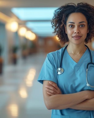 Eine Krankenschwester in blauer Uniform mit einem Stethoskop, die in einem modernen Krankenhausflur steht und direkt in die Kamera schaut.