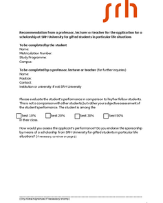 Recommendation form for a scholarship at SRH University, completed by a student and a professor or teacher.