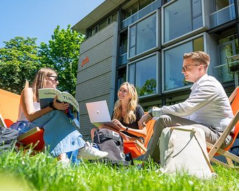 Drei Personen sitzen auf Liegestühlen im Freien, umgeben von Gras und Bäumen. Eine Frau liest ein Buch, während die andere auf einem Laptop arbeitet. Ein Mann hört zu und hält eine Tasche.