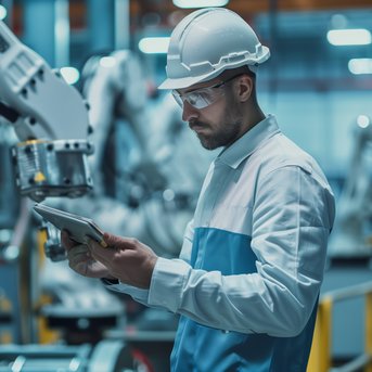 A worker in a hard hat and safety goggles stands in a factory, looking at a tablet while standing next to an industrial robot.