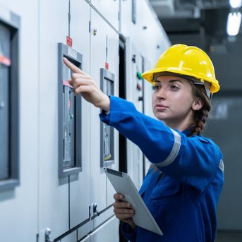 Eine Frau in einem blauen Arbeitsanzug und einem gelben Helm zeigt auf ein Bedienfeld in einem technischen Raum. Sie hält ein Tablet in der Hand.
